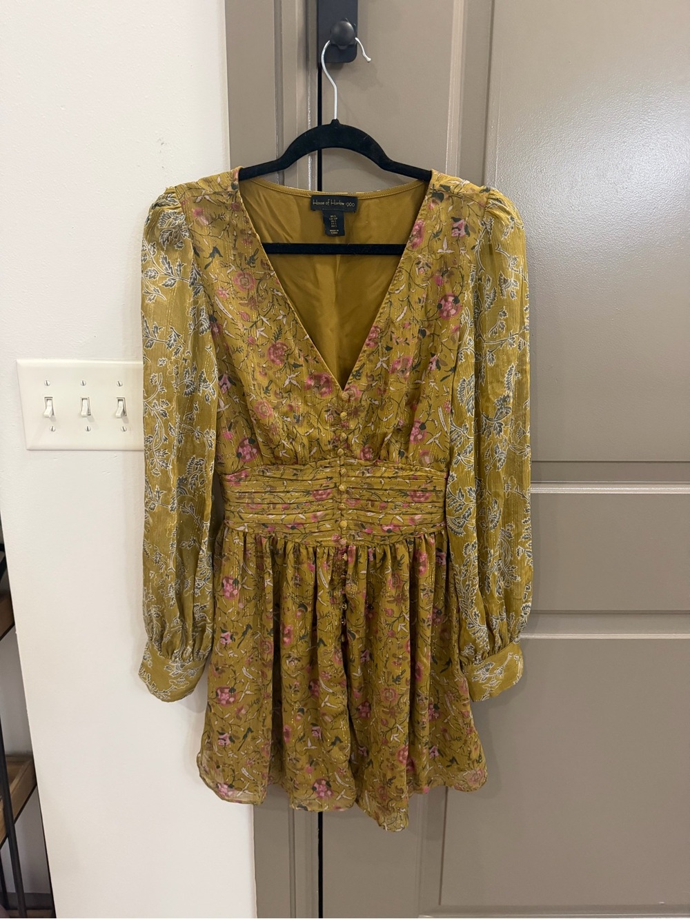 House of Harlow 1960 Mustard Floral V-Neck Long Sleeve Mini Dress